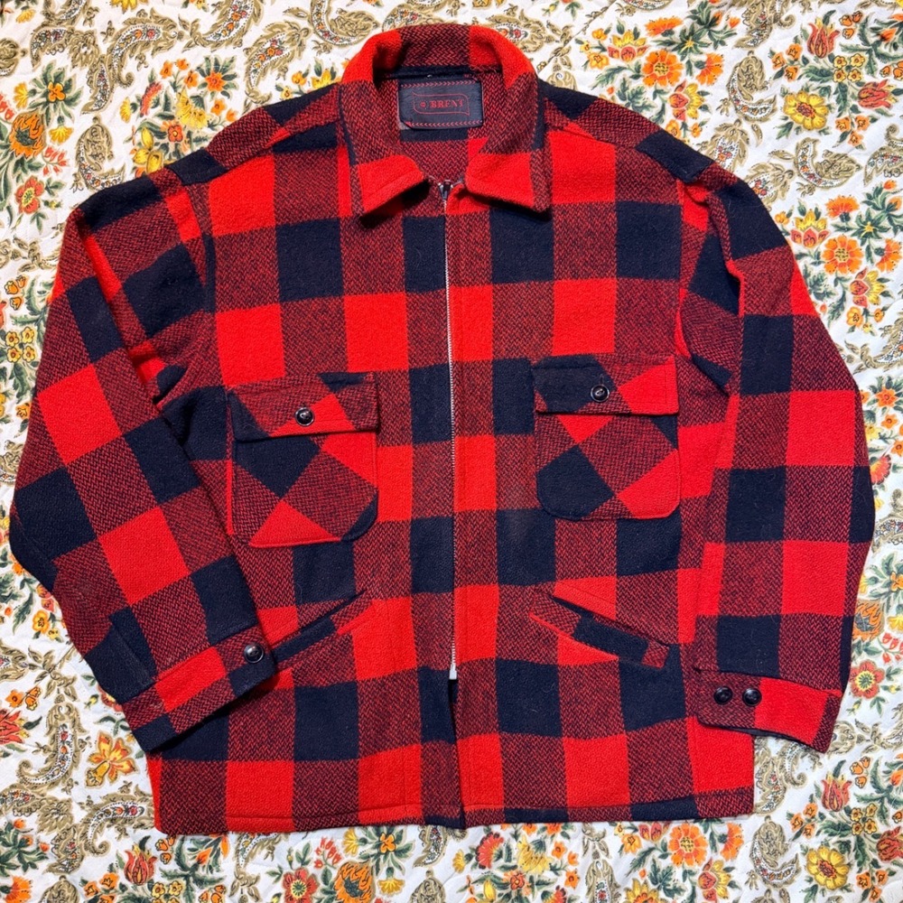 Vintage 1960s Brent Buffalo Plaid Wool Zip Up Jacket‎ Red Black Workwear - L
